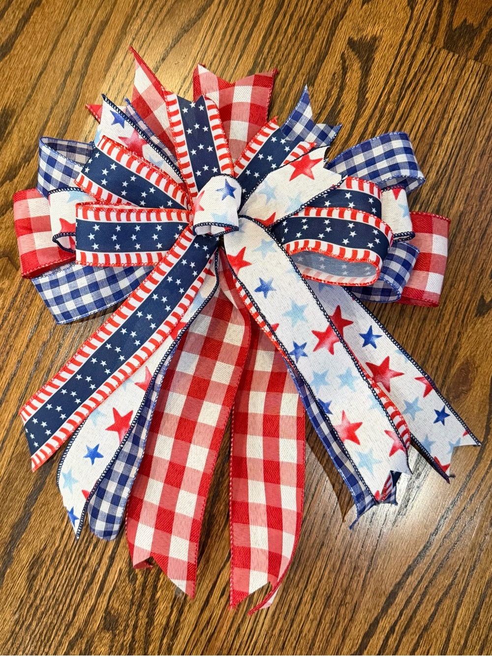 Patriotic Red, White & Blue Check and Star Wreath Bow